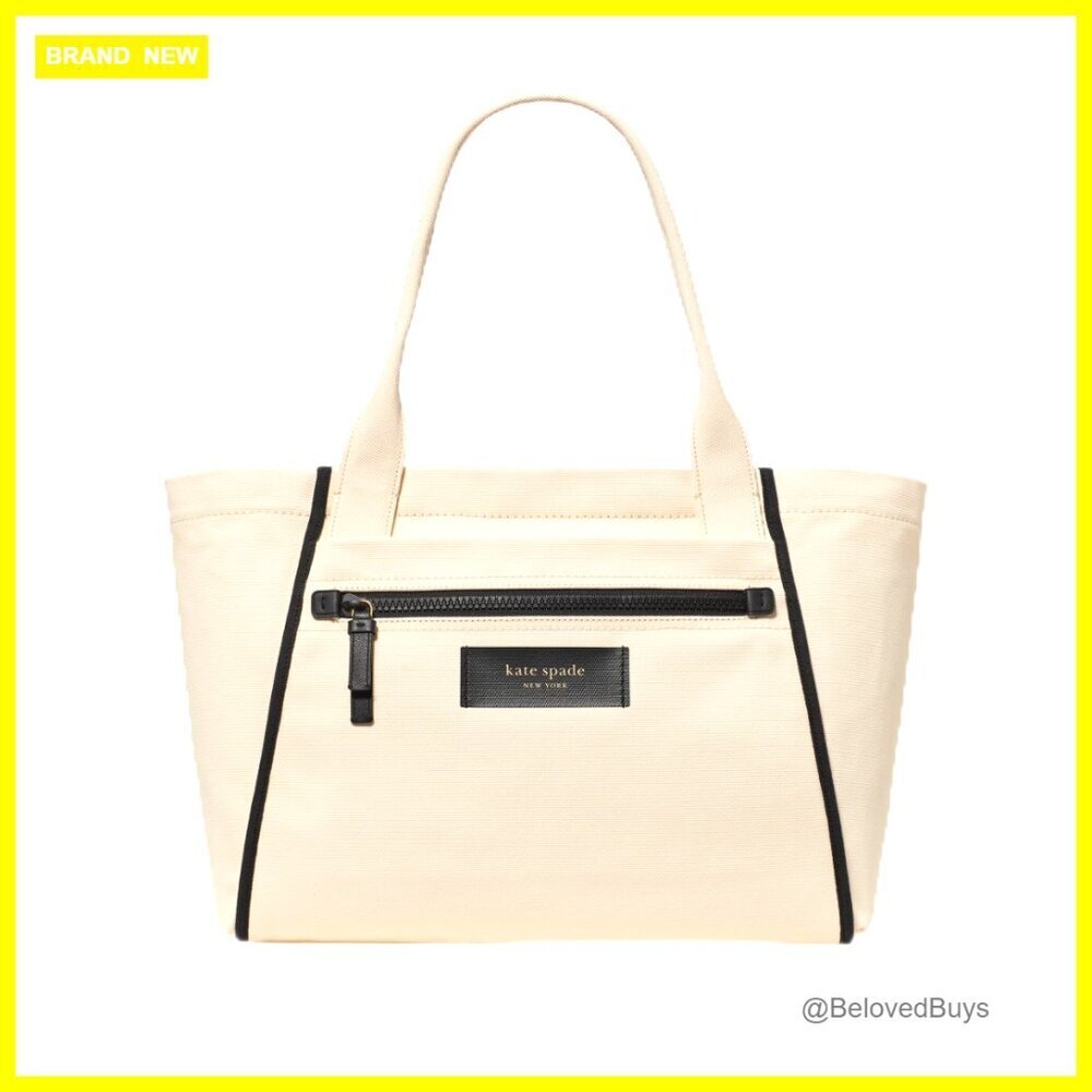 Large Canvas Tote Bag with Leather Handles, Zipper Closure, One Size